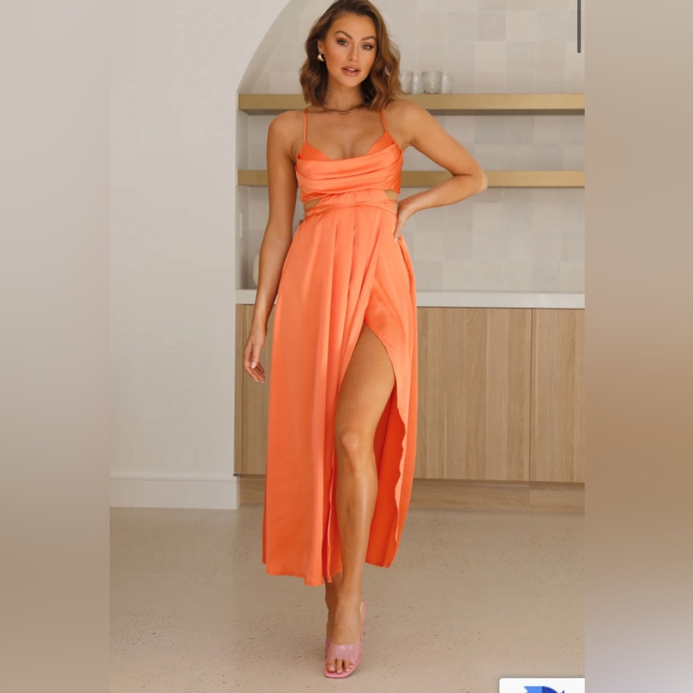 Hello Molly Early Mornings Satin Maxi Dress in Orange